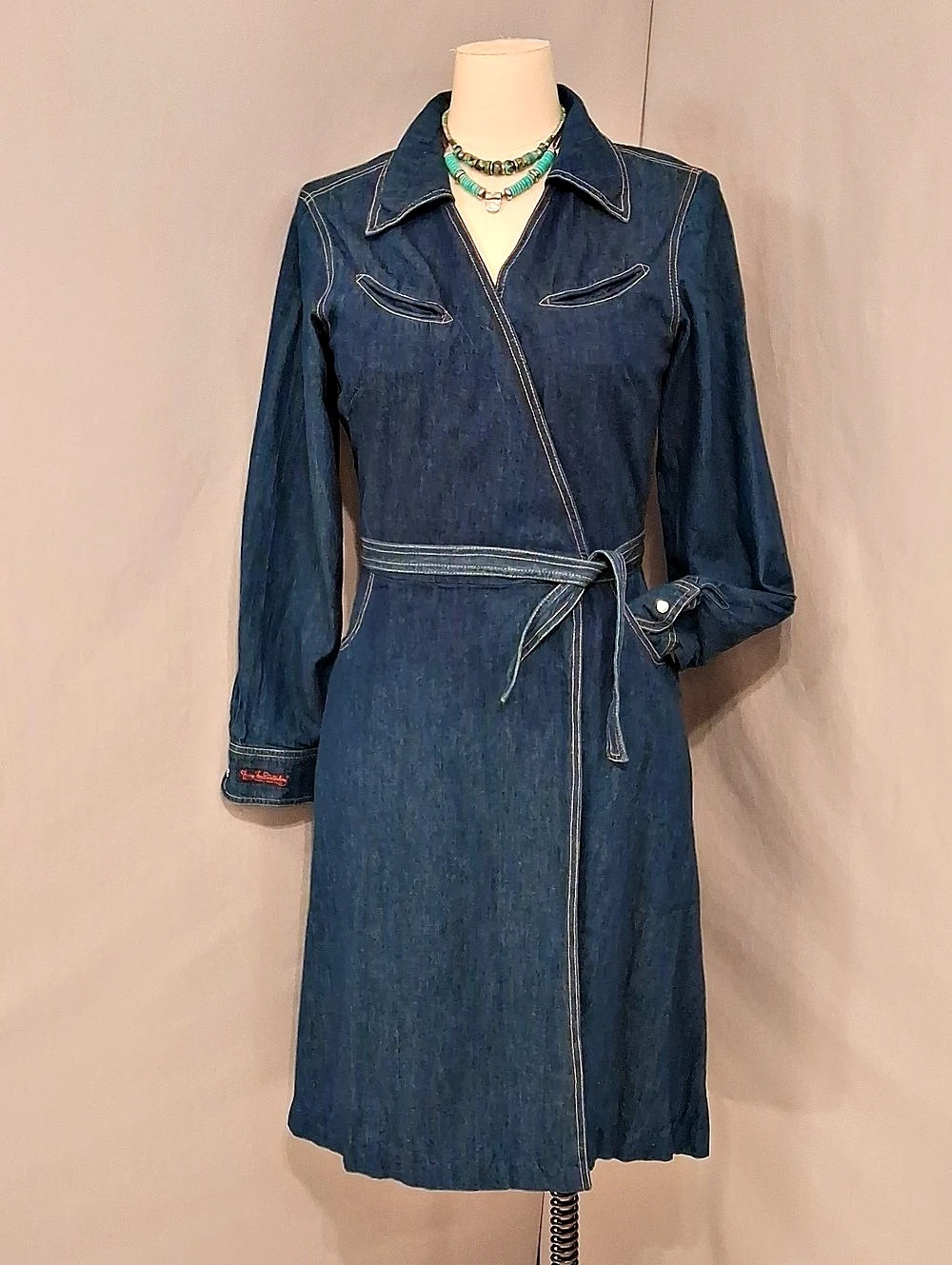 Diane von Furstenberg Denim Wrap Midi Dress Vintage w Western Styling Blue Jean